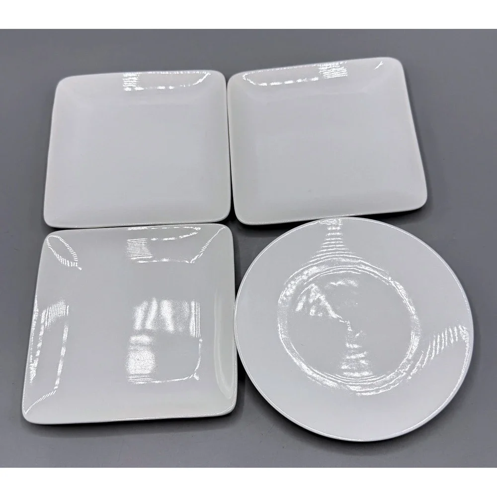 Everyday White by Fitz and Floyd Porcelain Appetizer Plates 4pc 3Square 1Round